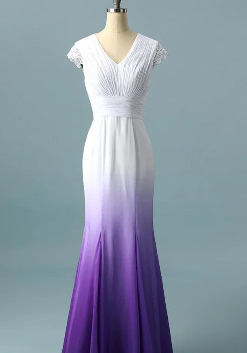 Off Sleeves Backless A-line V neck Gradient Prom Dress